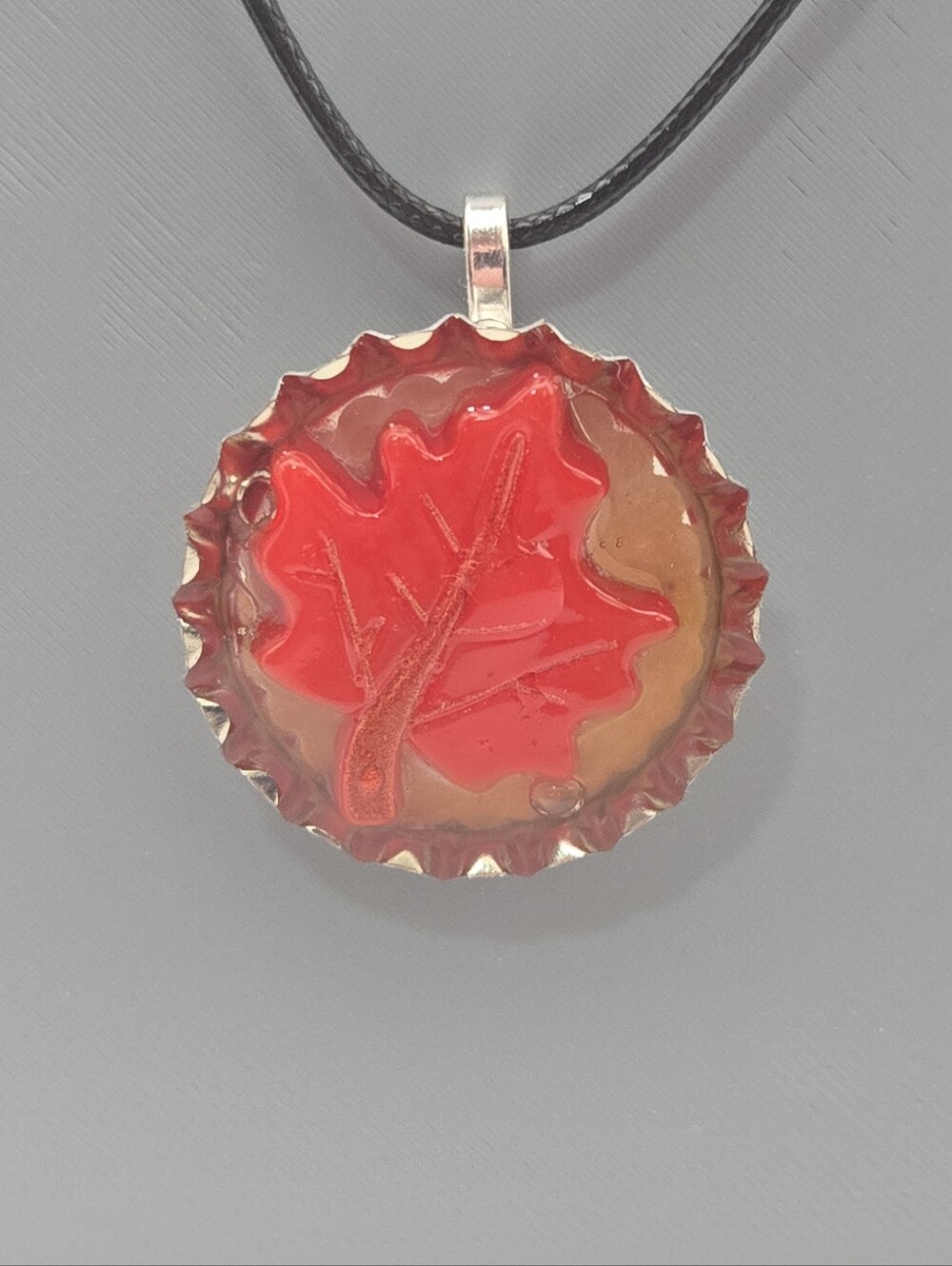 Handmade Autumn Maple Leaf Resin Bottle Cap Necklace